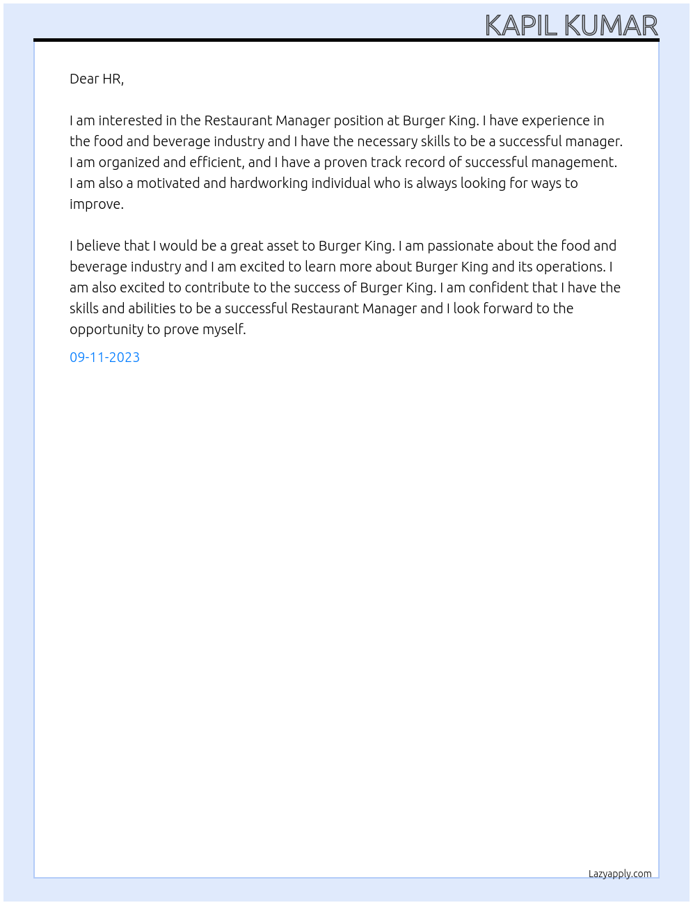 Restaurant Manager At Burger King Cover Letter