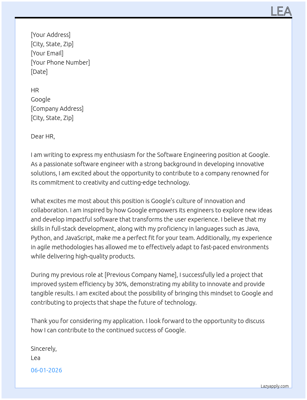 Software engineering At Google Cover Letter