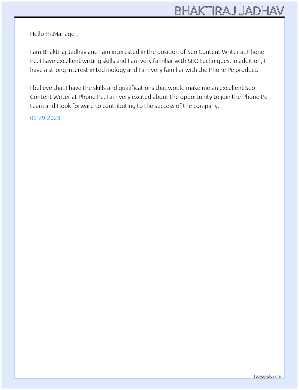 Seo Content Writer At Phone pe Cover Letter