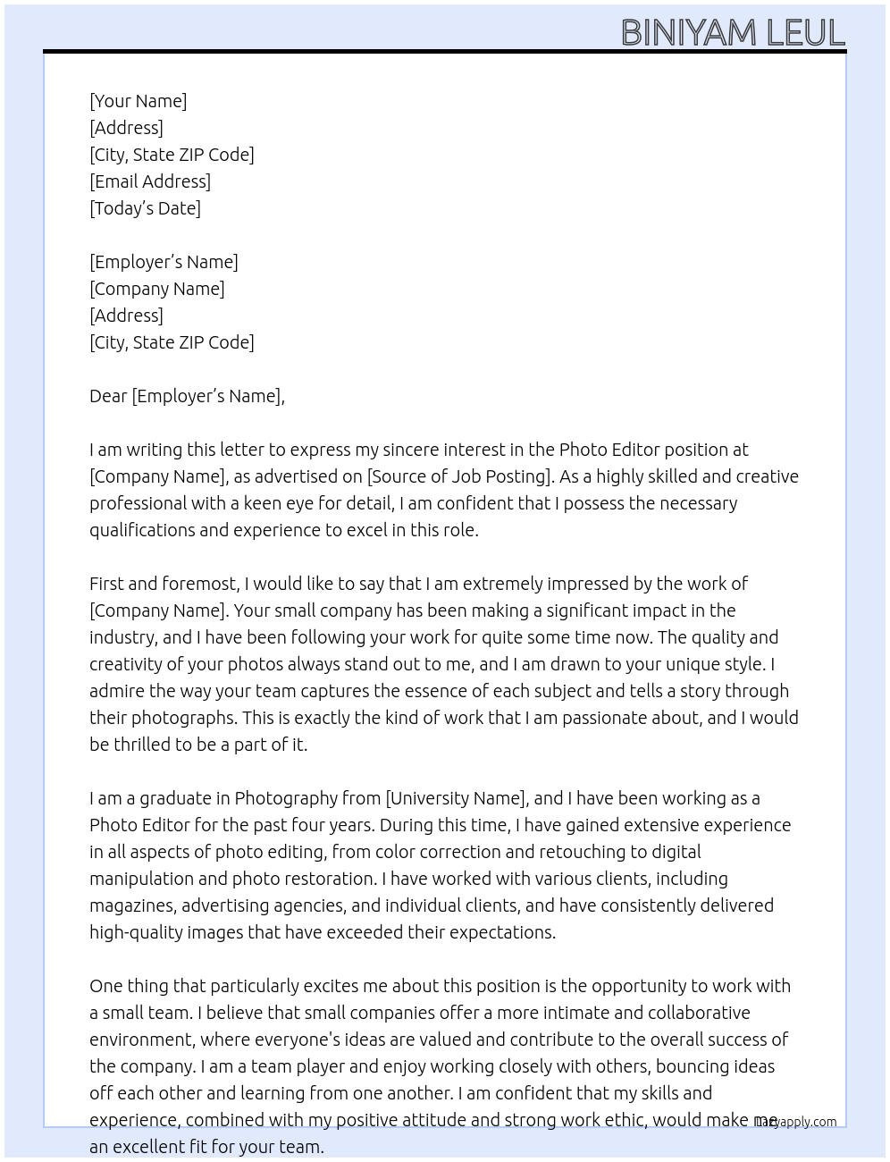 Photo editor At Small company Cover Letter