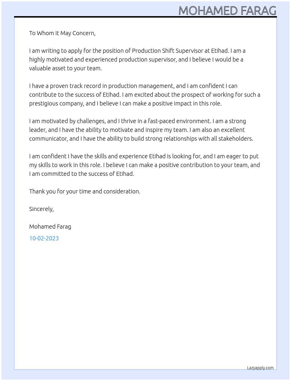 Production Shift Supervisor At Etihad Cover Letter