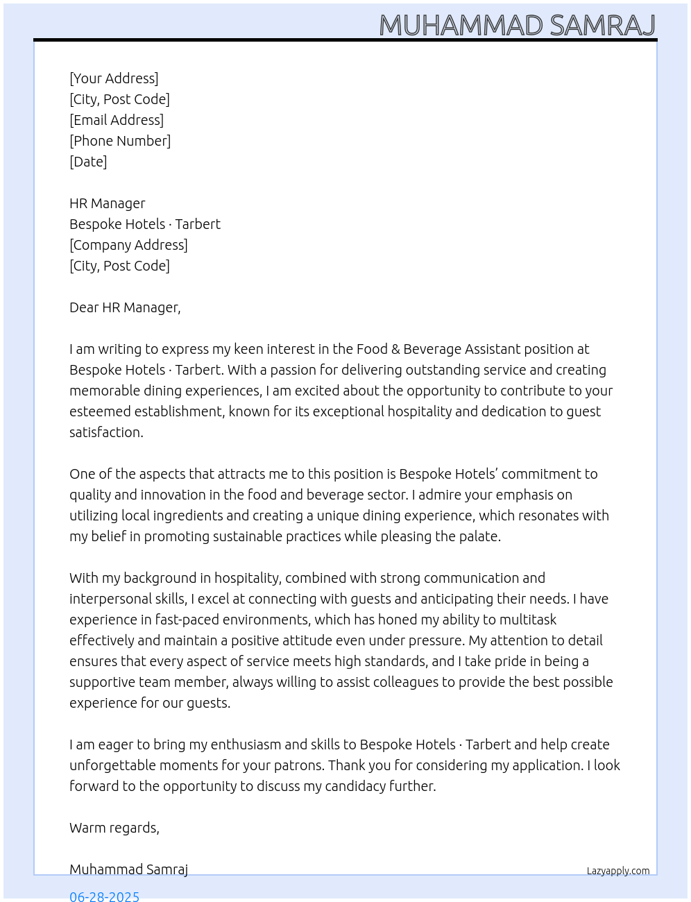 Cover letter for food & beverage assistant - LazyApply