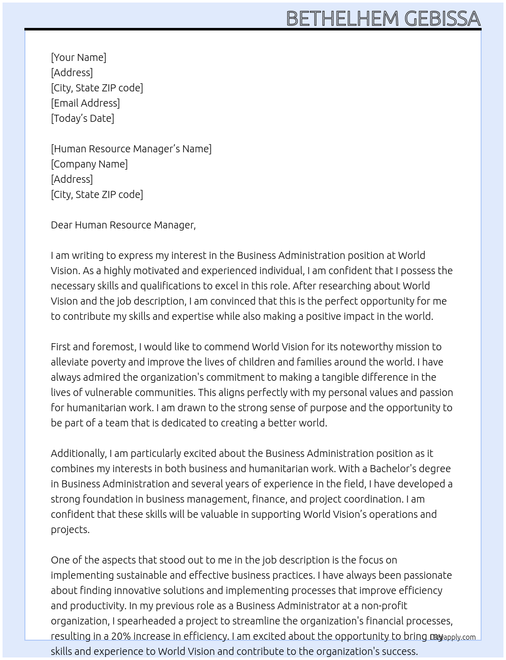 Business administration At World vision Cover Letter