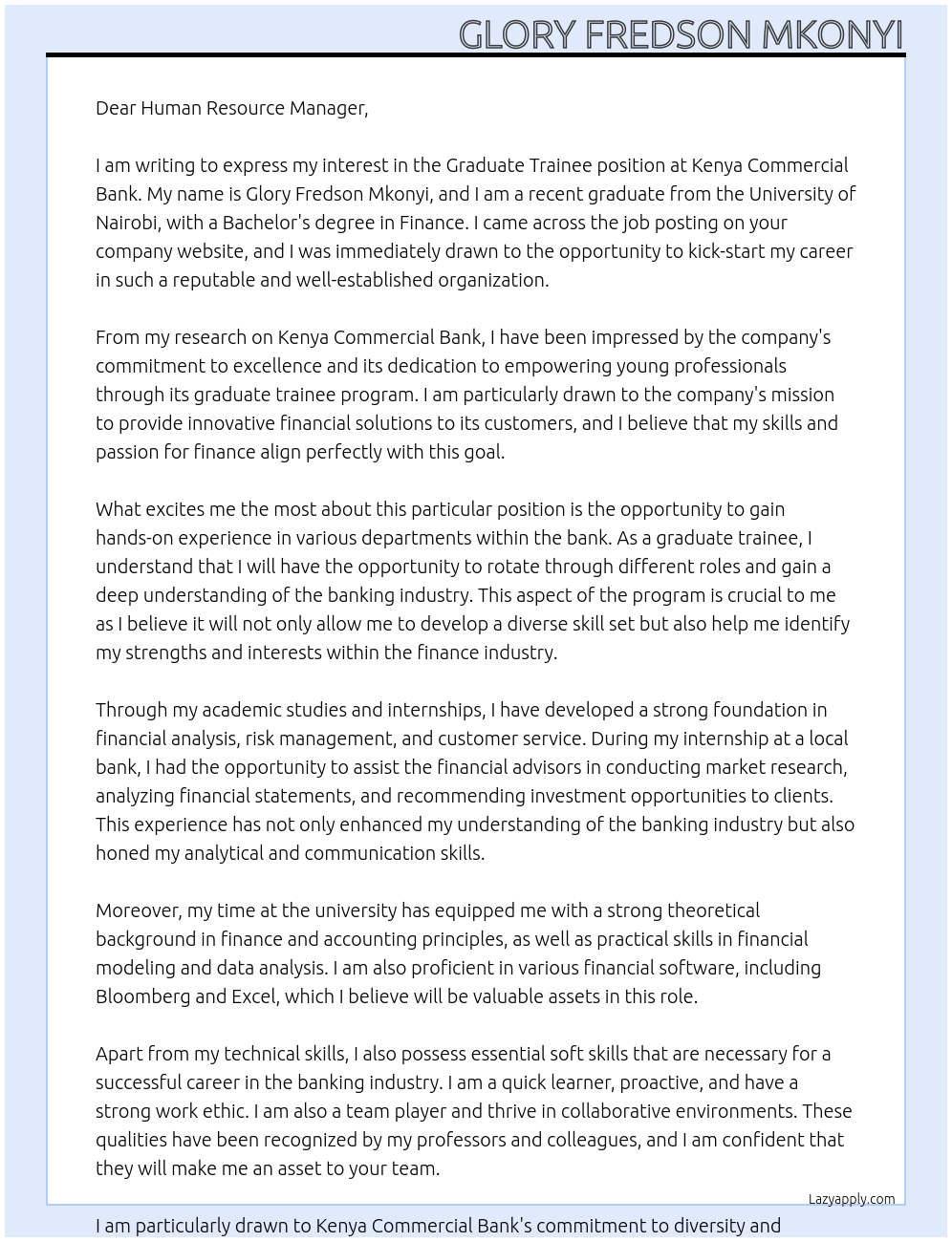 Graduate trainee position At Kenya commercial bank Cover Letter