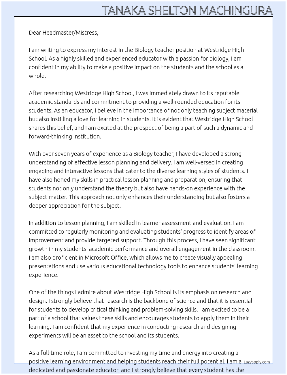 Biology teacher At Westrigde High school Cover Letter
