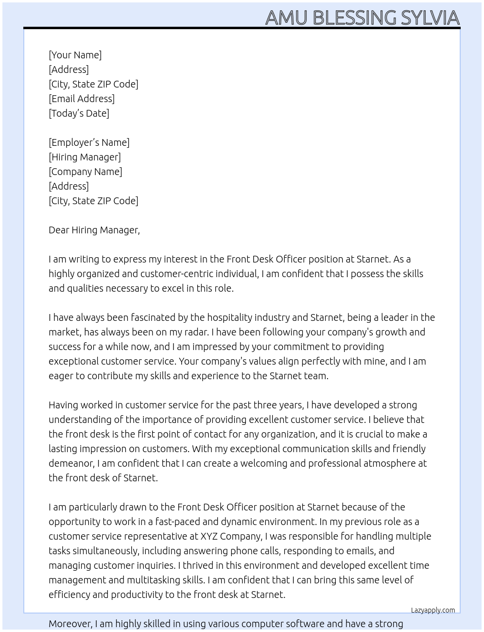 Front Desk officer At Starnet Cover Letter