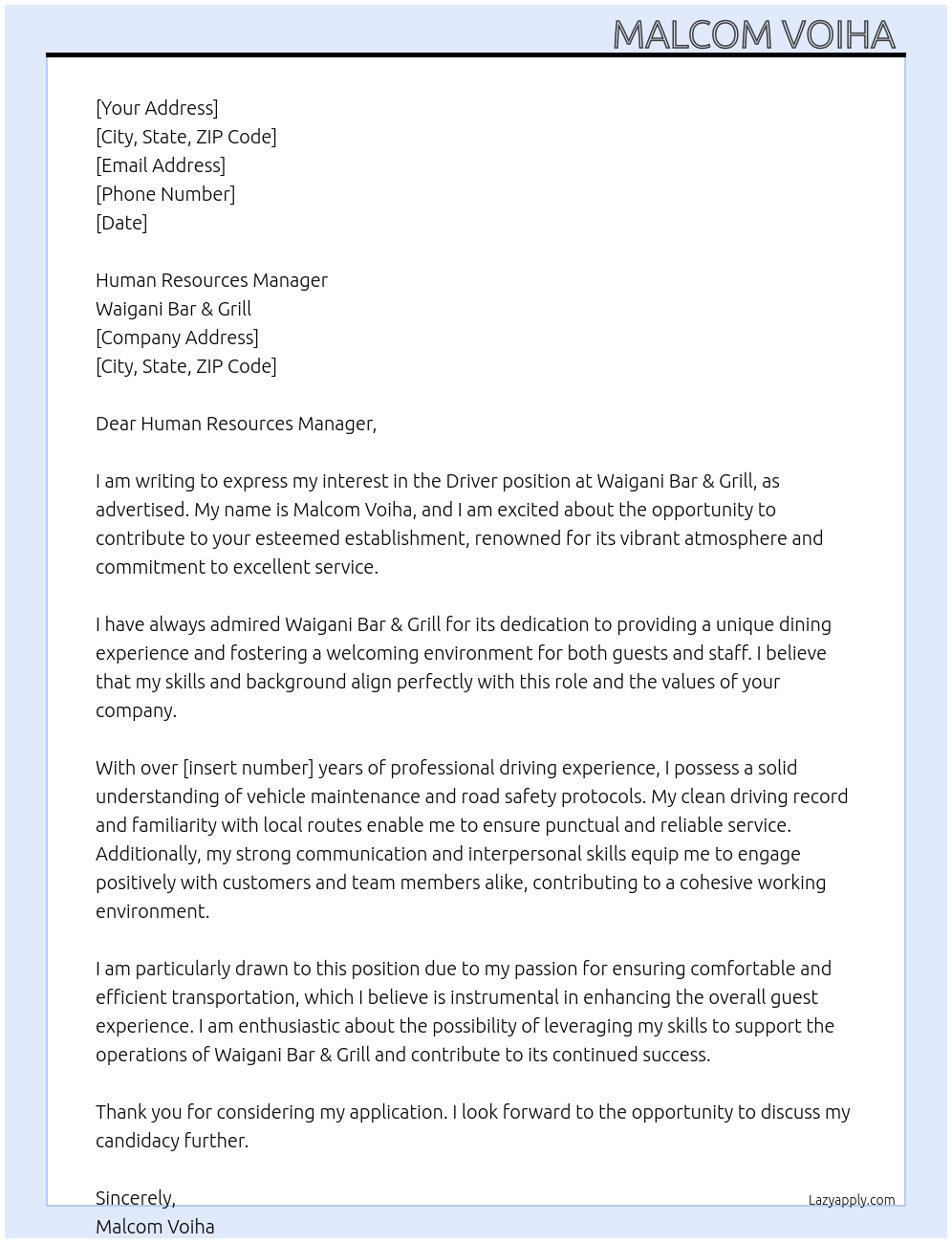 Cover letter for driver position - LazyApply