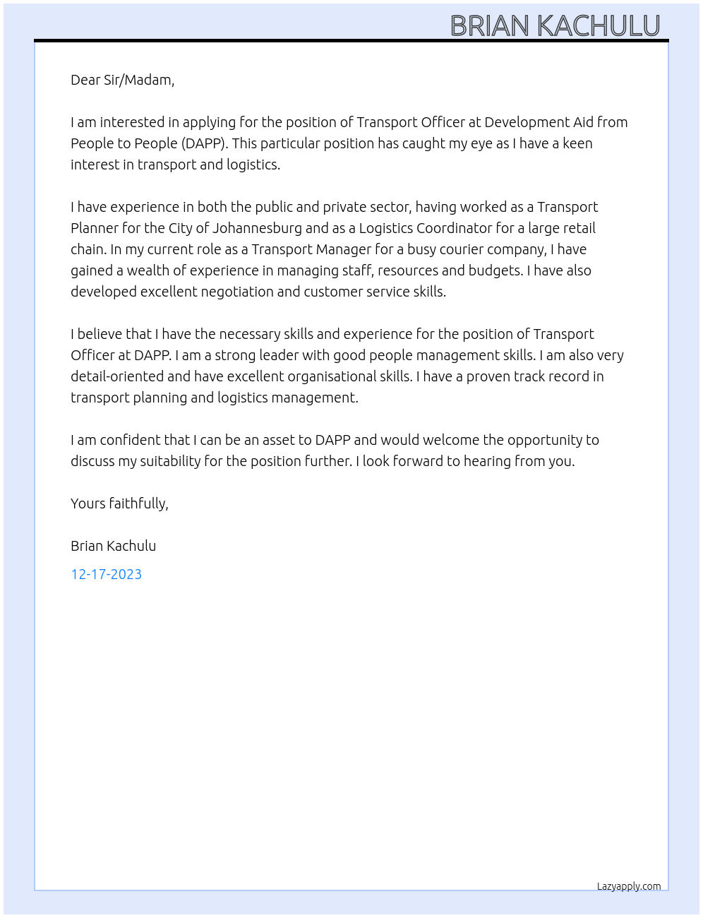 Transport officer  At Development Aid from People to People (DAPP) Cover Letter