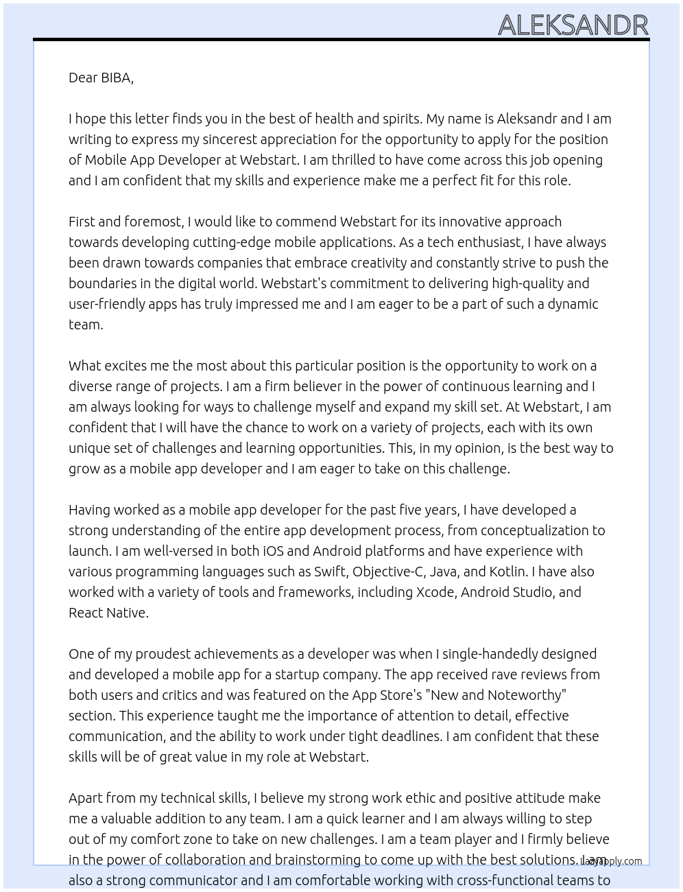 Mobile app developer At Webstart Cover Letter