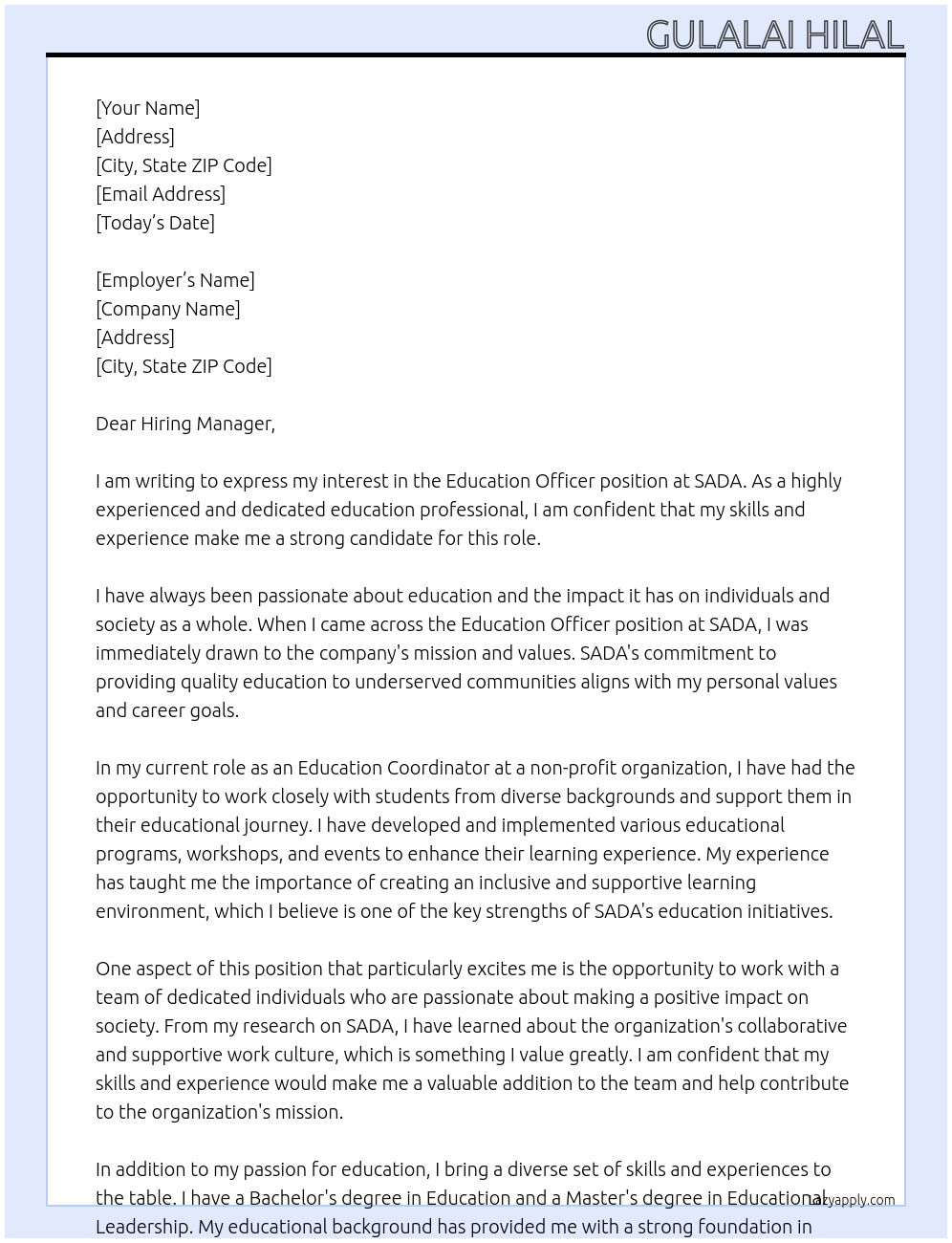 Education Officer At SADA Cover Letter