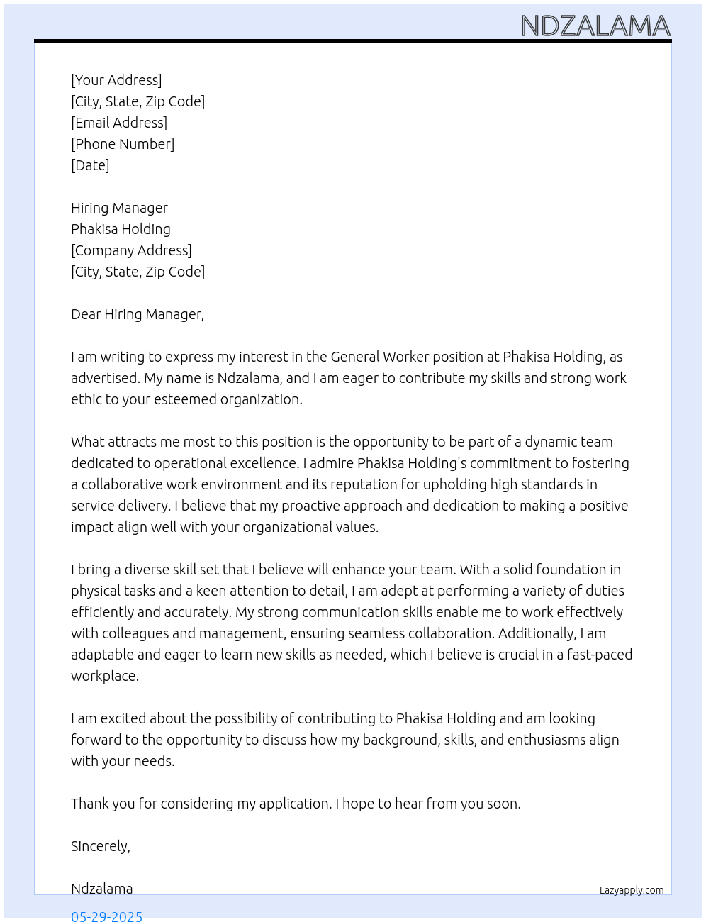 General worker At Phakisa holding Cover Letter