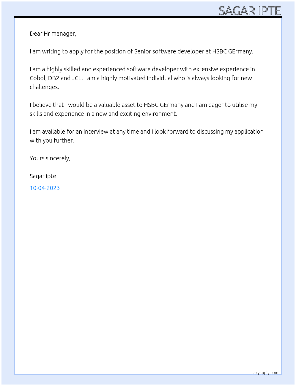 Senior software developer At HSBC GErmany Cover Letter