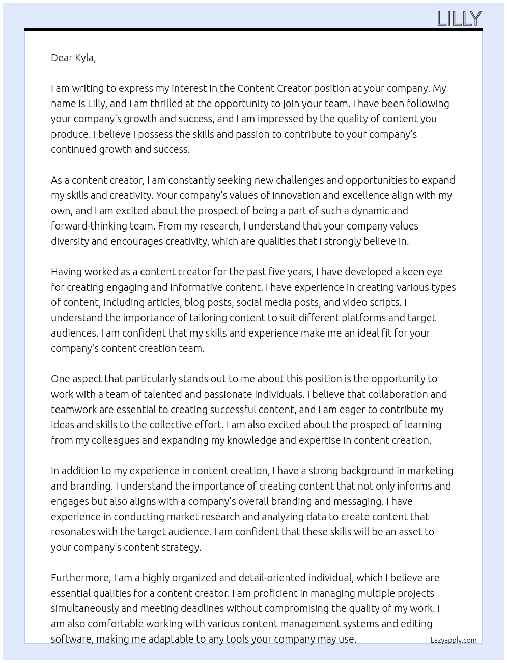 Content Creator  At Kyla Cover Letter