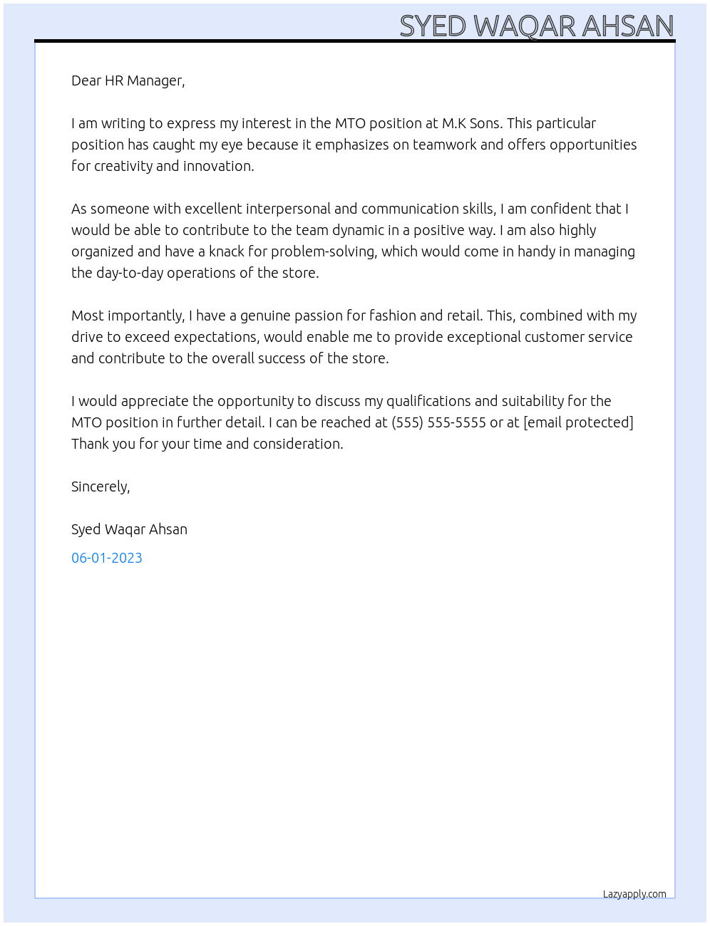 MTO At M.K Sons Cover Letter