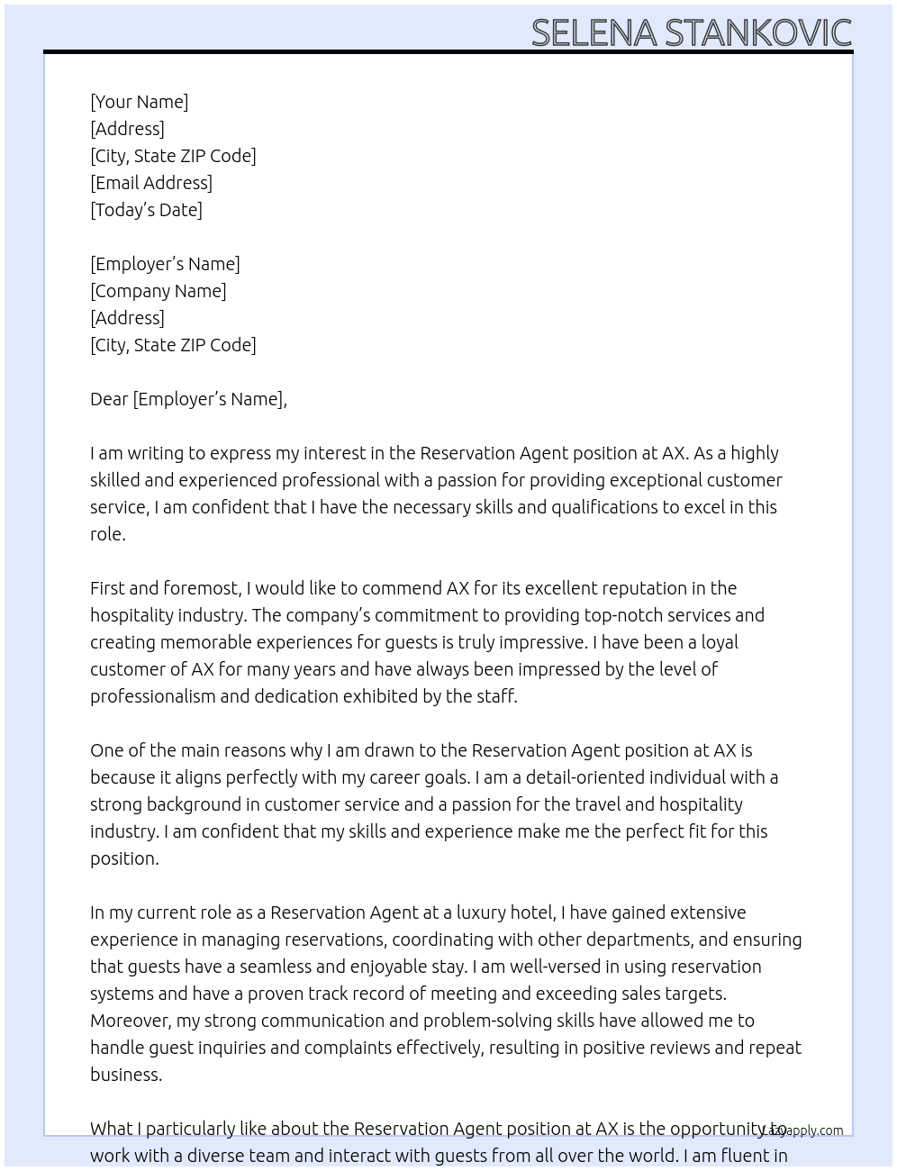 Reservation agent At AX Cover Letter