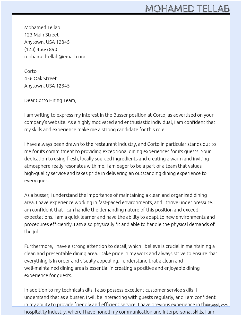 Busser At Corto Cover Letter