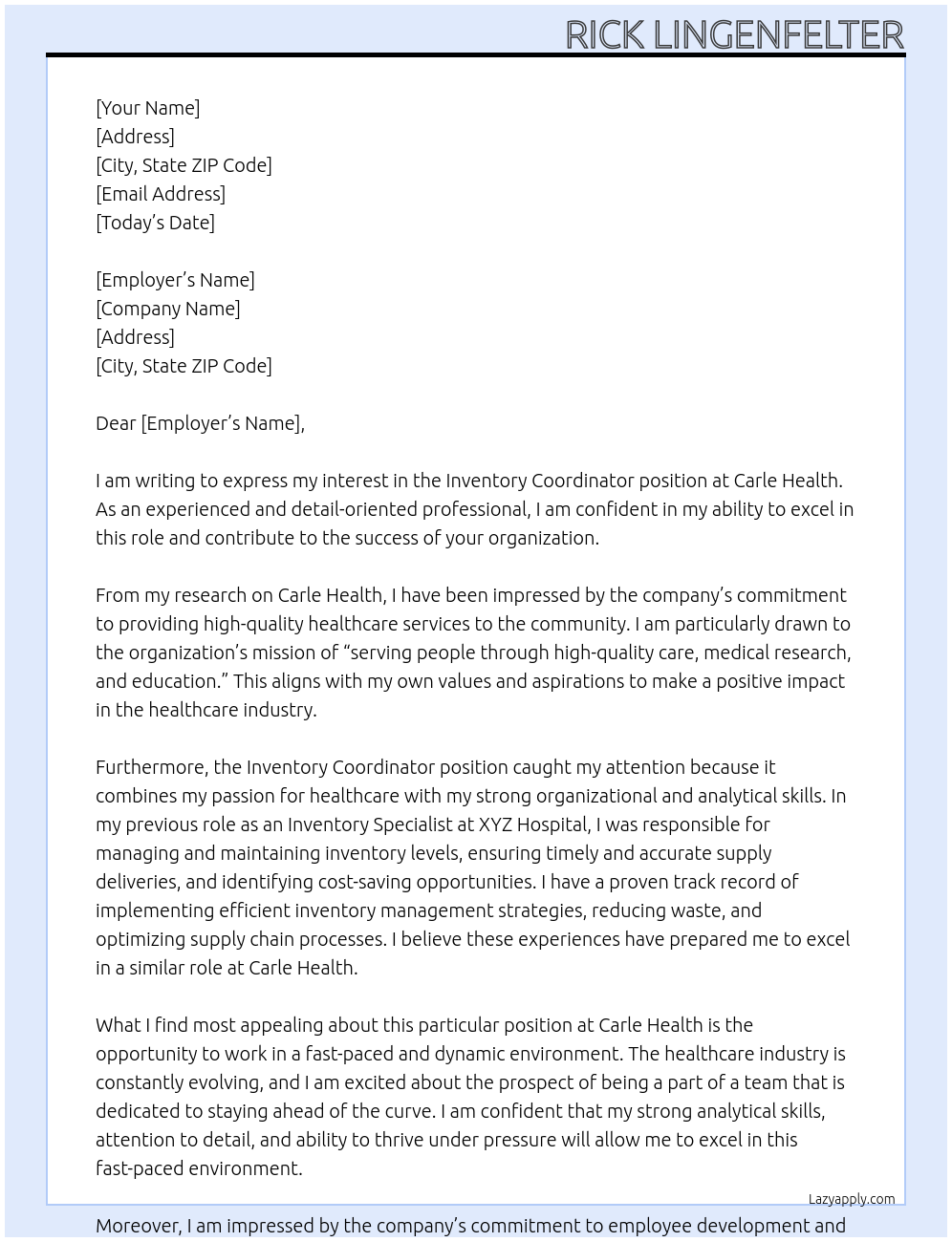 Inventory Coordinator At Carle Health Cover Letter