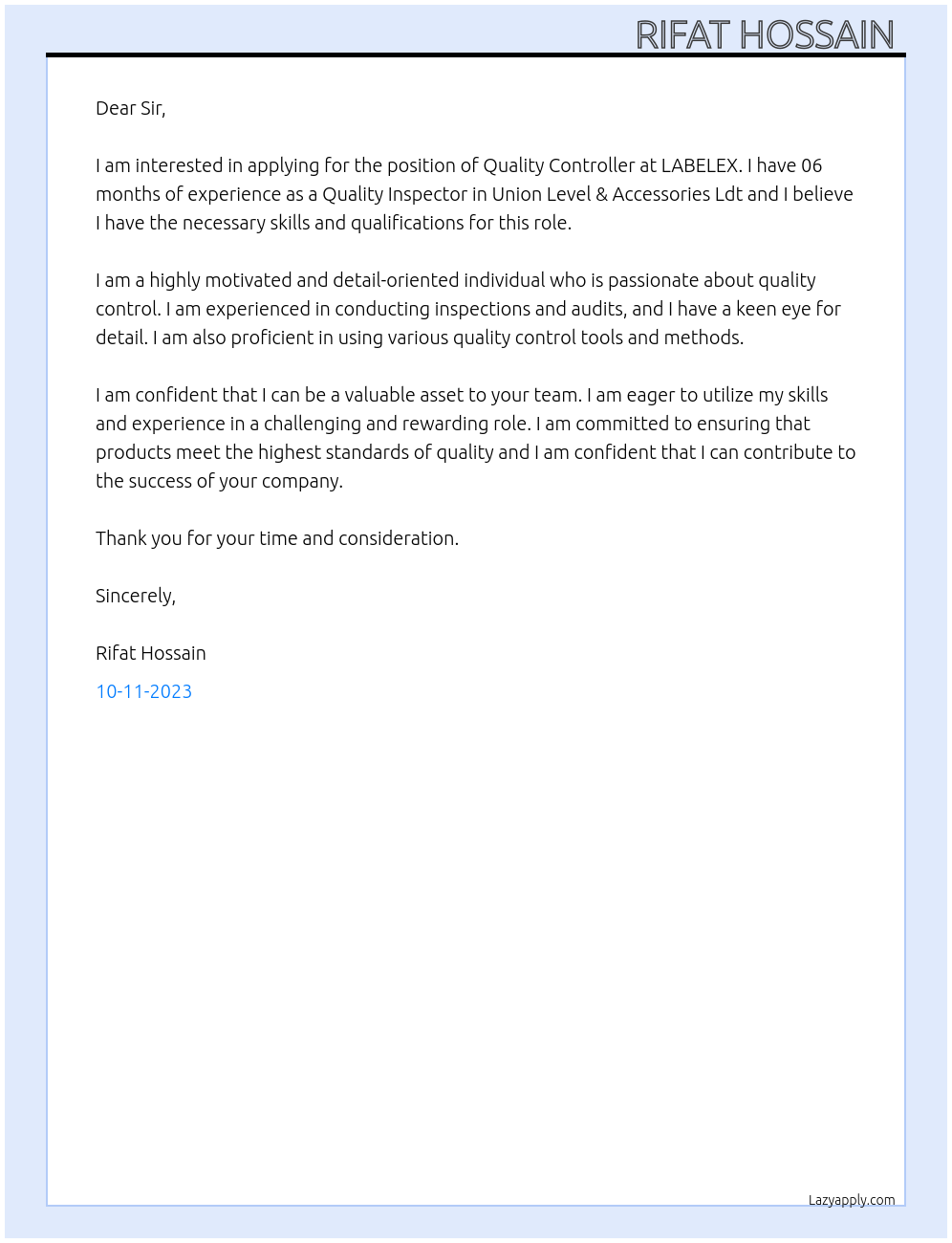 quality controller At LABELEX Cover Letter