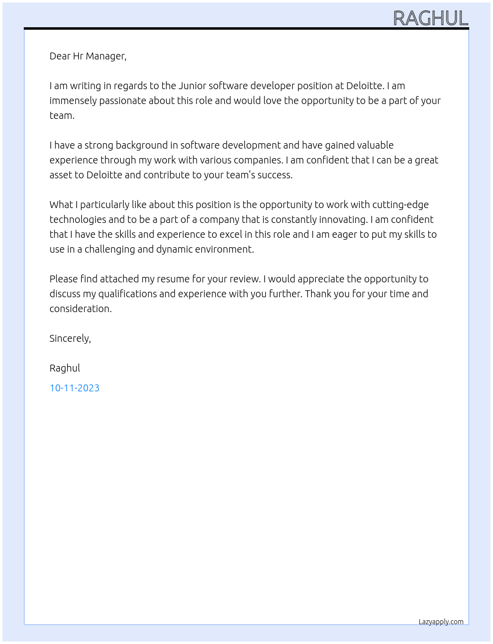 Junior software developer At Deloitte Cover Letter