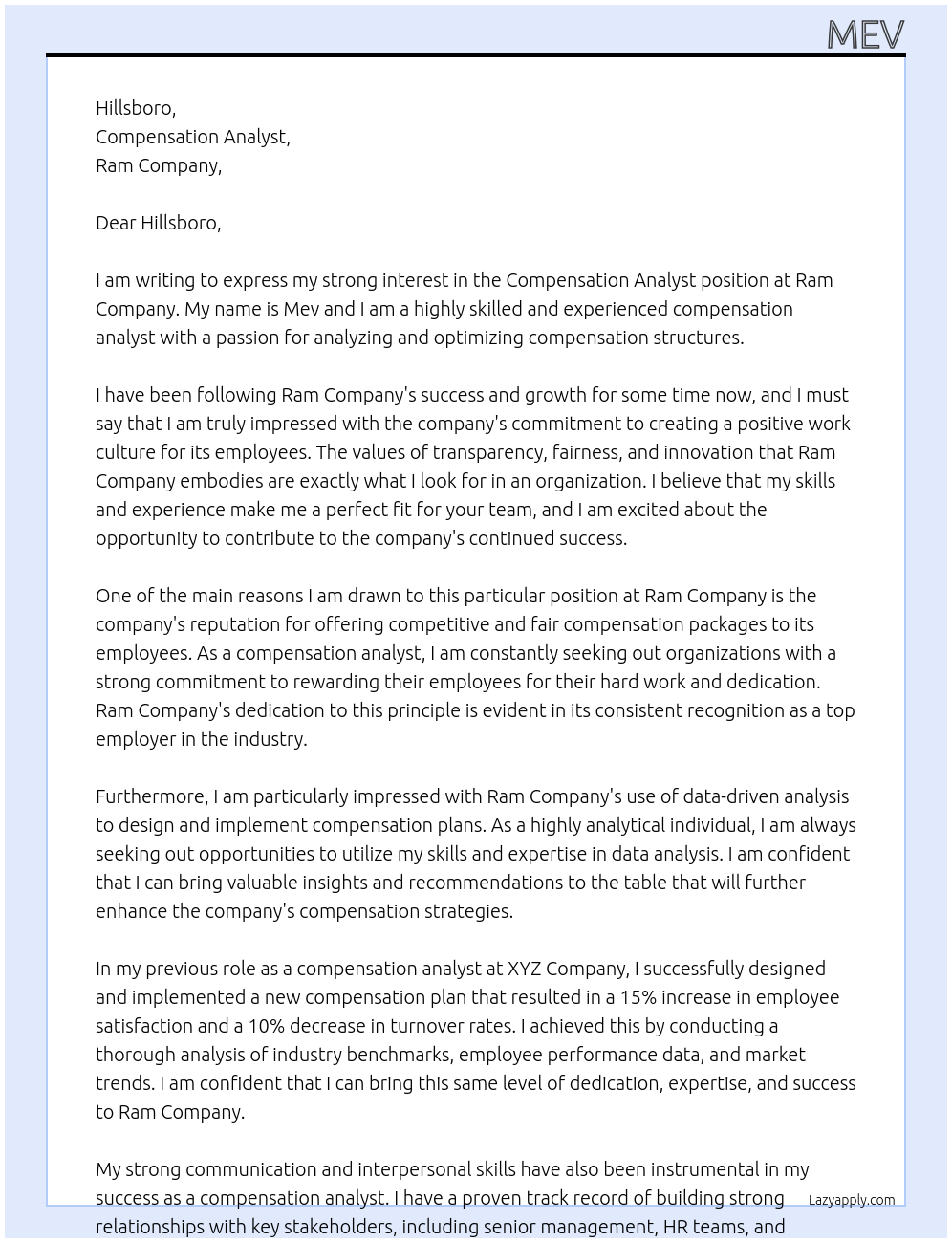 compensation analyst At ram Cover Letter