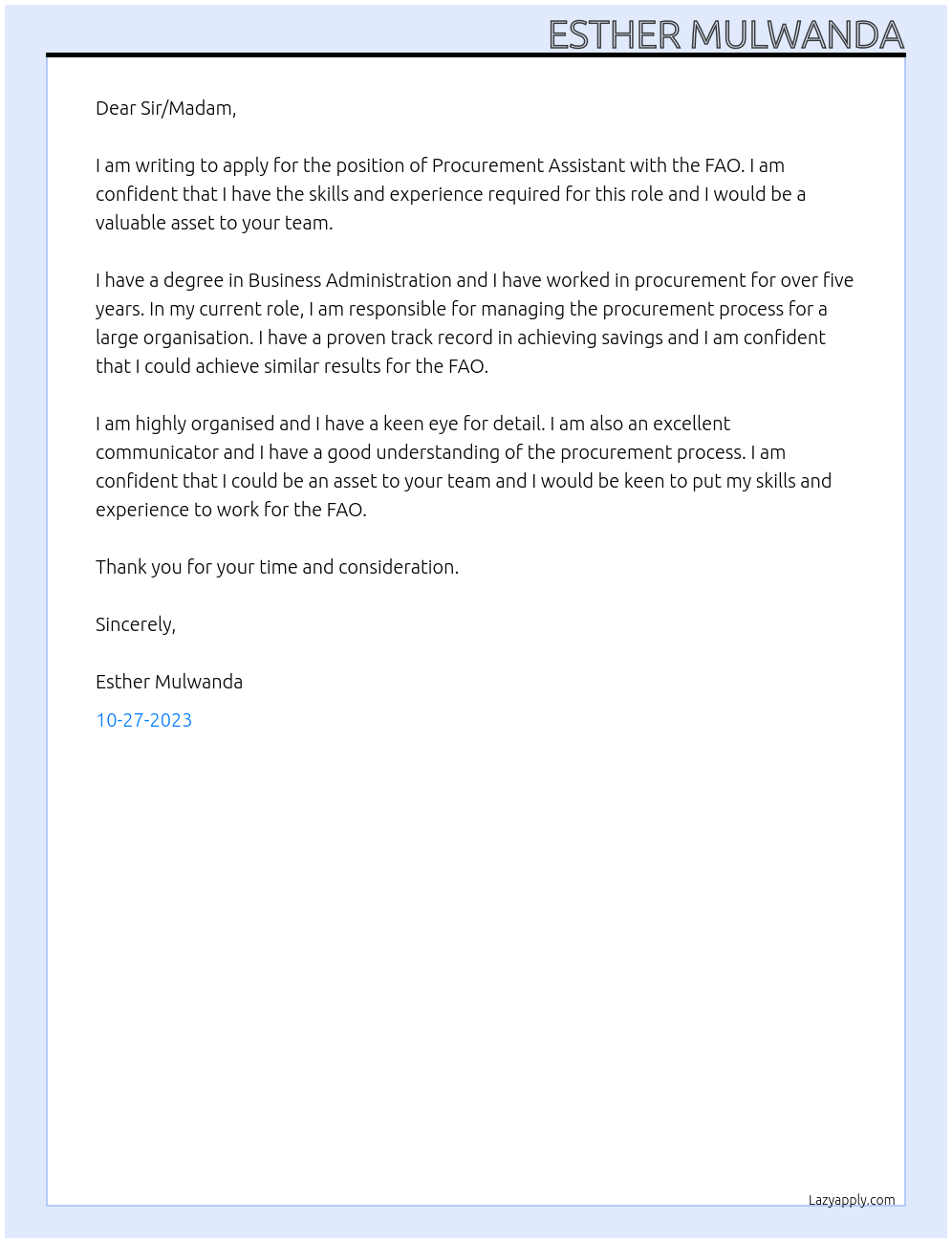 Procurement Assistant At FAO Cover Letter