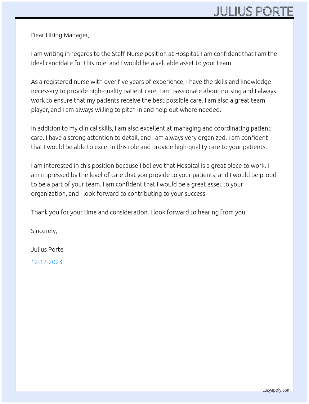 Staff Nurse At Hospital Cover Letter