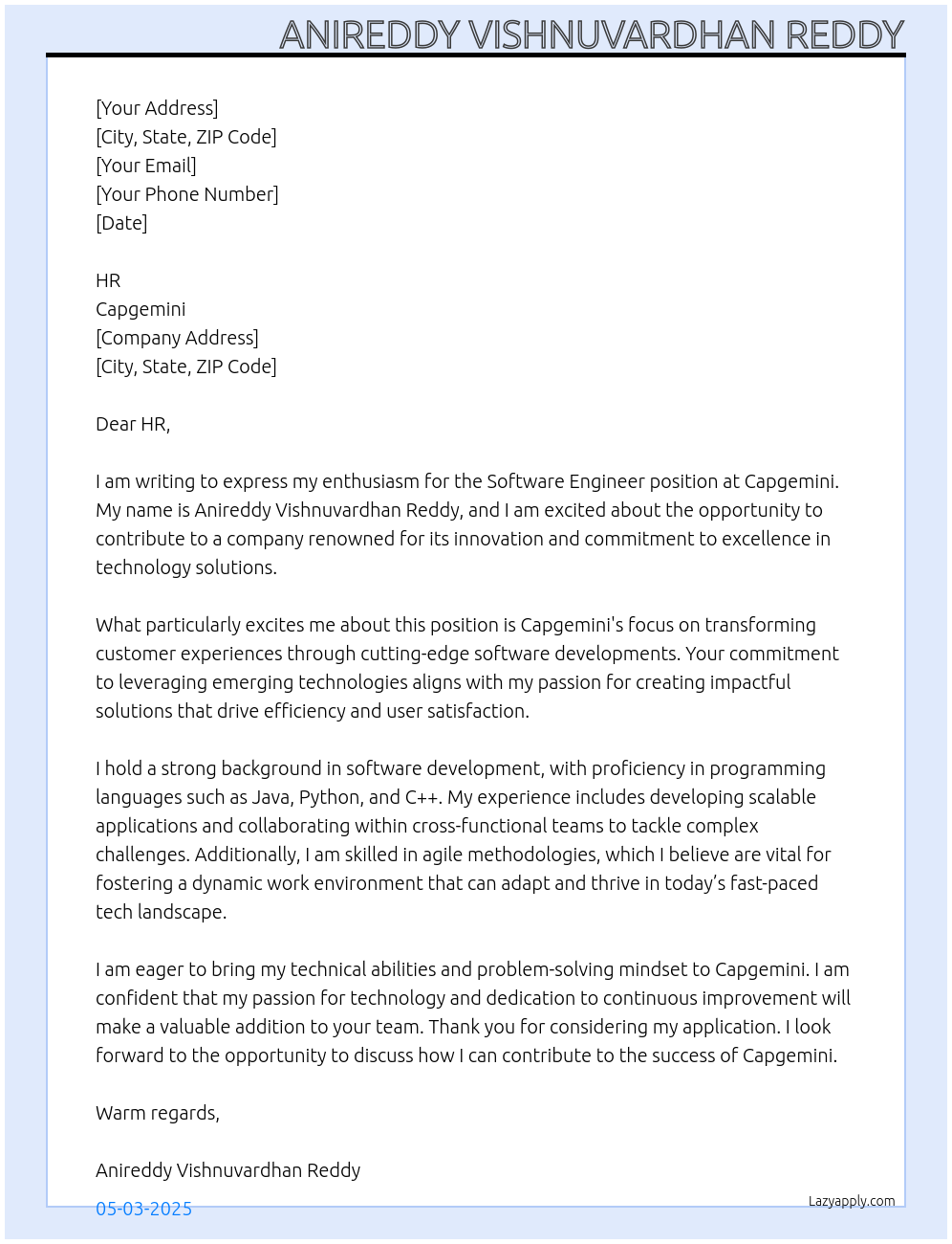 software engineer At capegemini Cover Letter