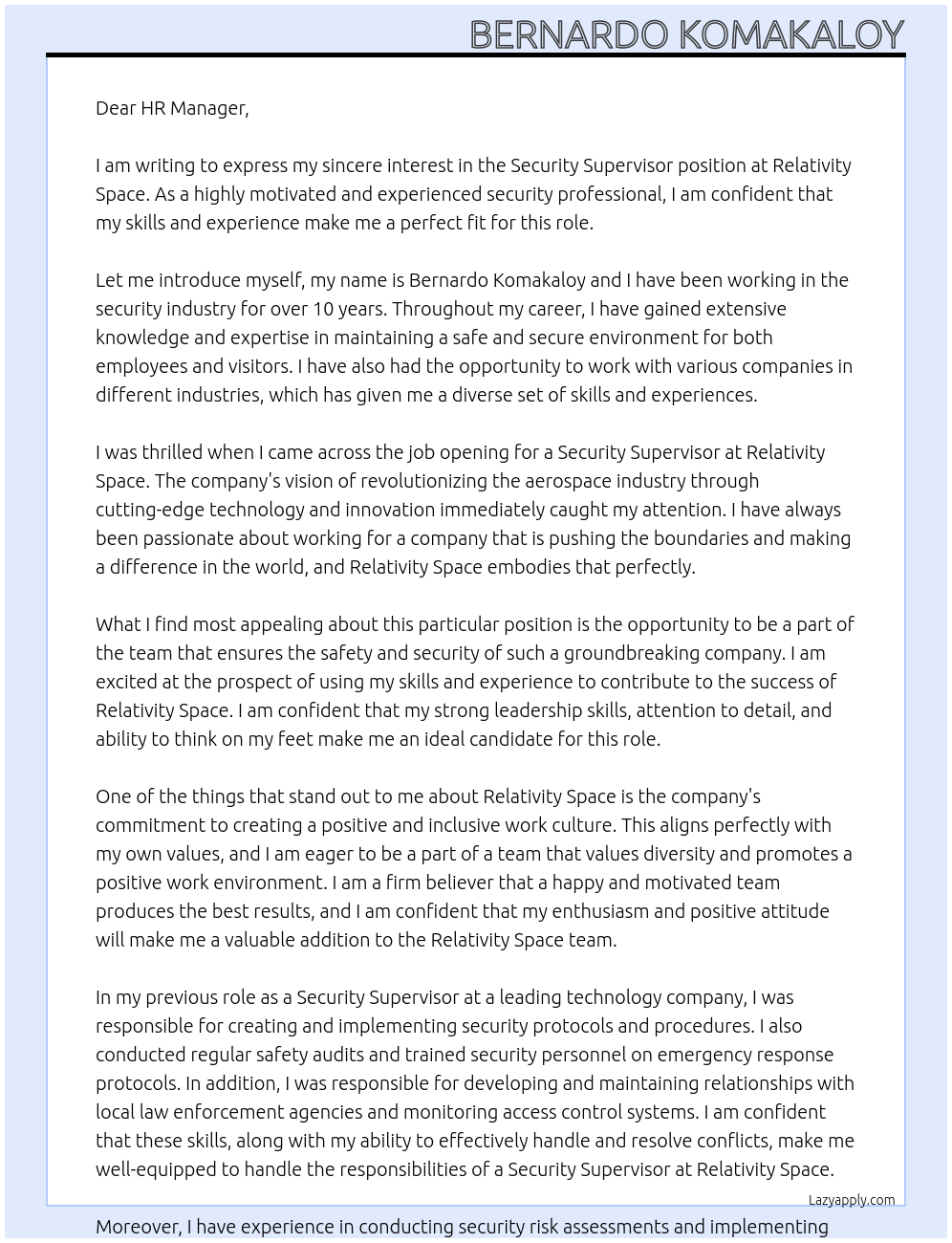 Security Supervisor  At Relativity Space Cover Letter