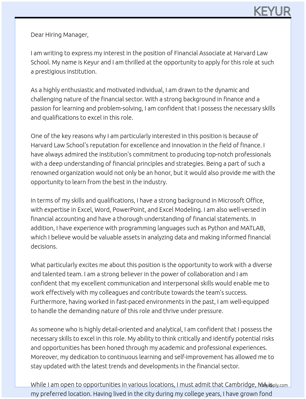 Financial Associate At Harvard Law School Cover Letter