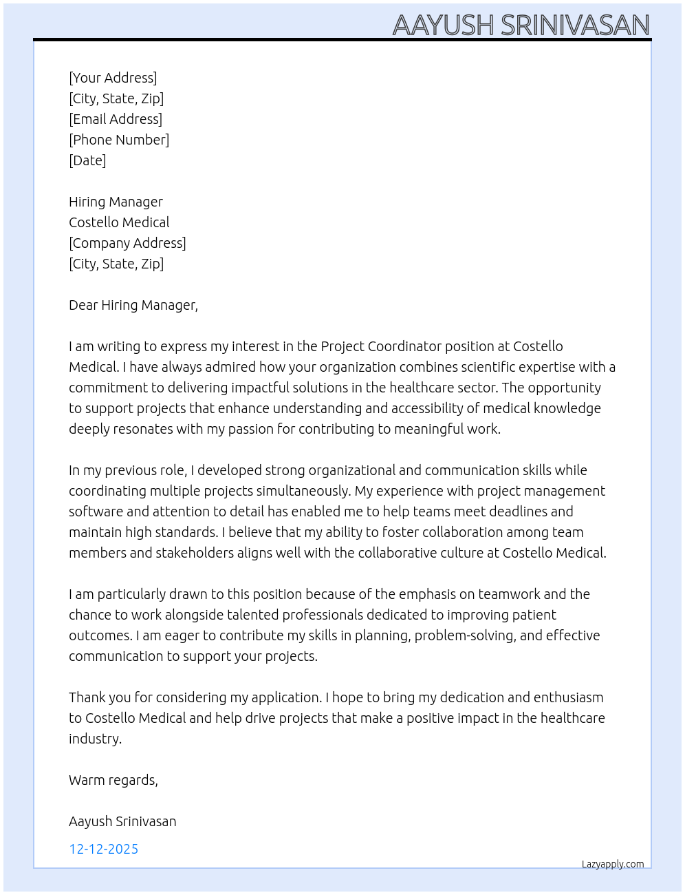 Cover letter for project coordinator - LazyApply