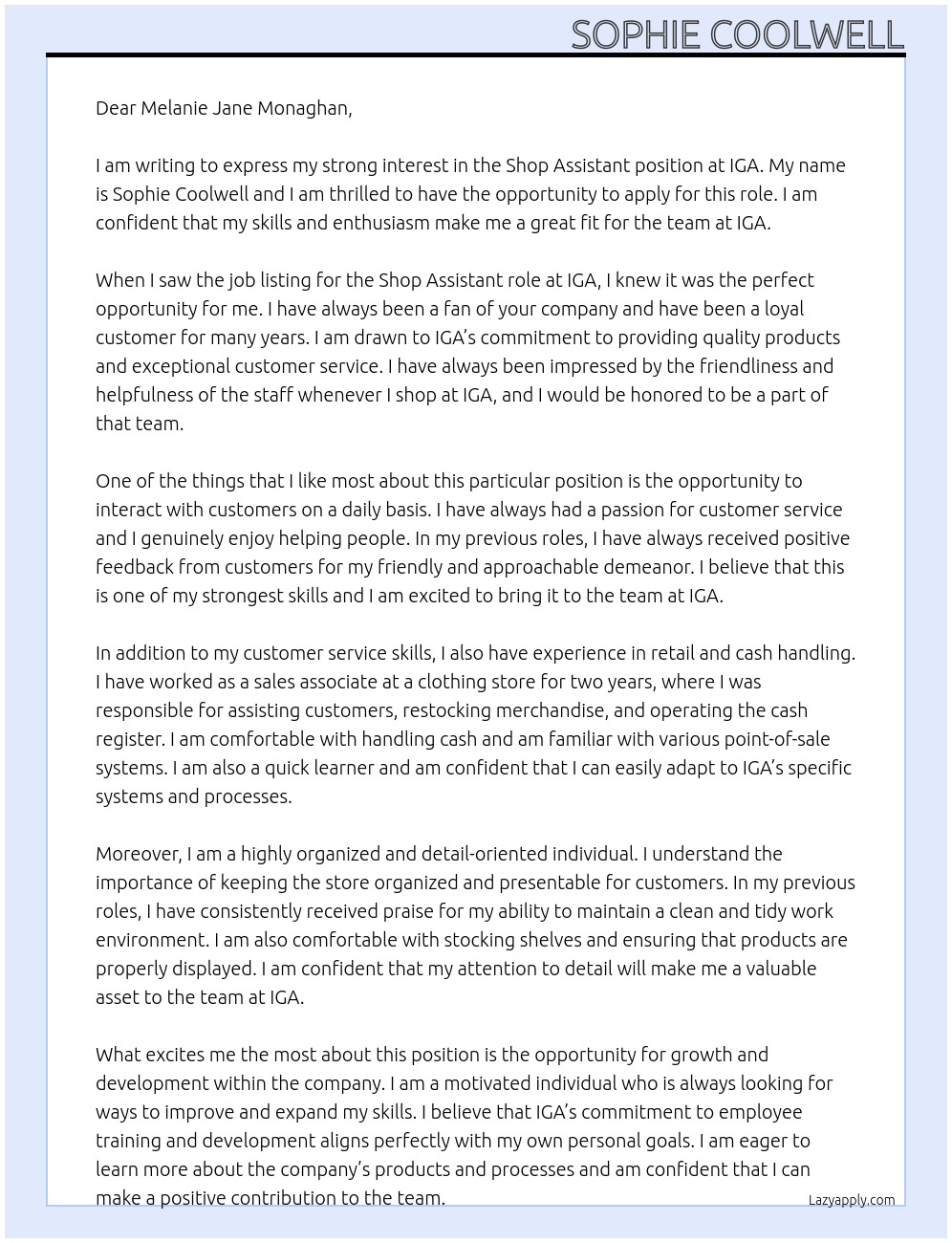 shop assistance At IGA Cover Letter