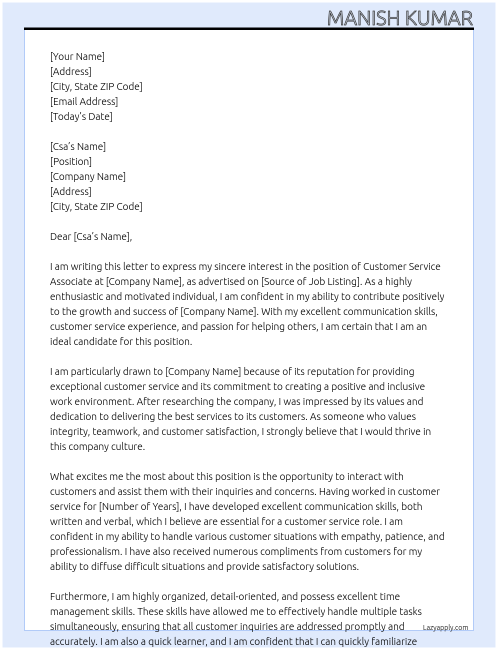 Customer service associate At Goindigo.in Cover Letter