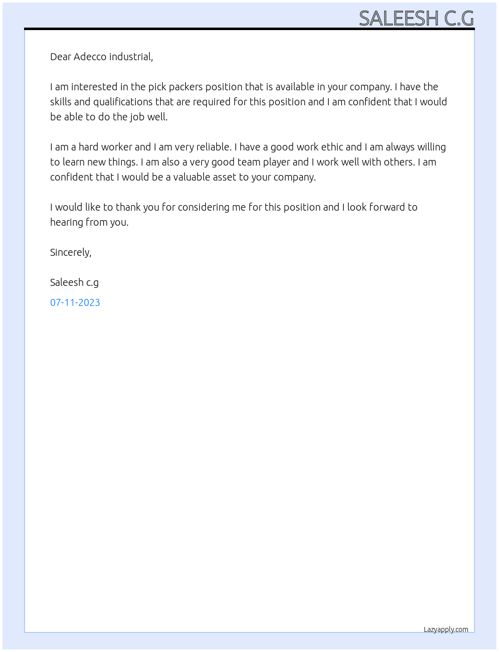 Pick packers At Adecco industrial Cover Letter