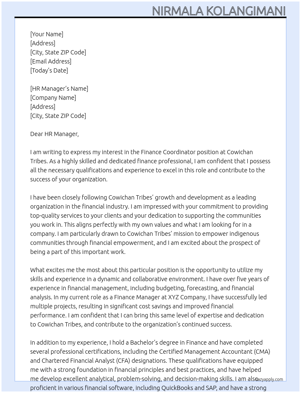 Finance Coordinator At Cowichan Tribes Cover Letter