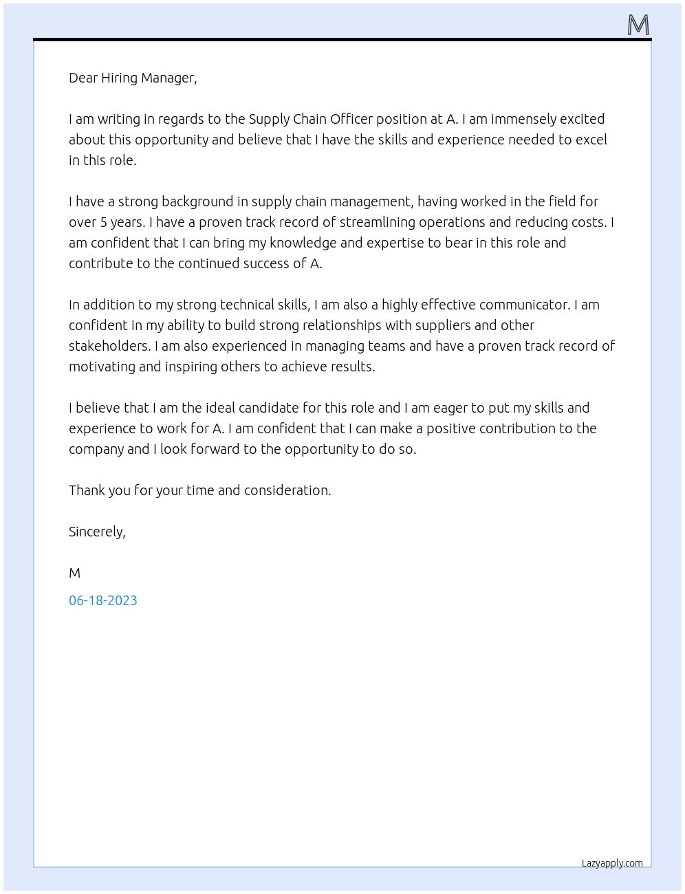 Supply Chain Officer At A Cover Letter