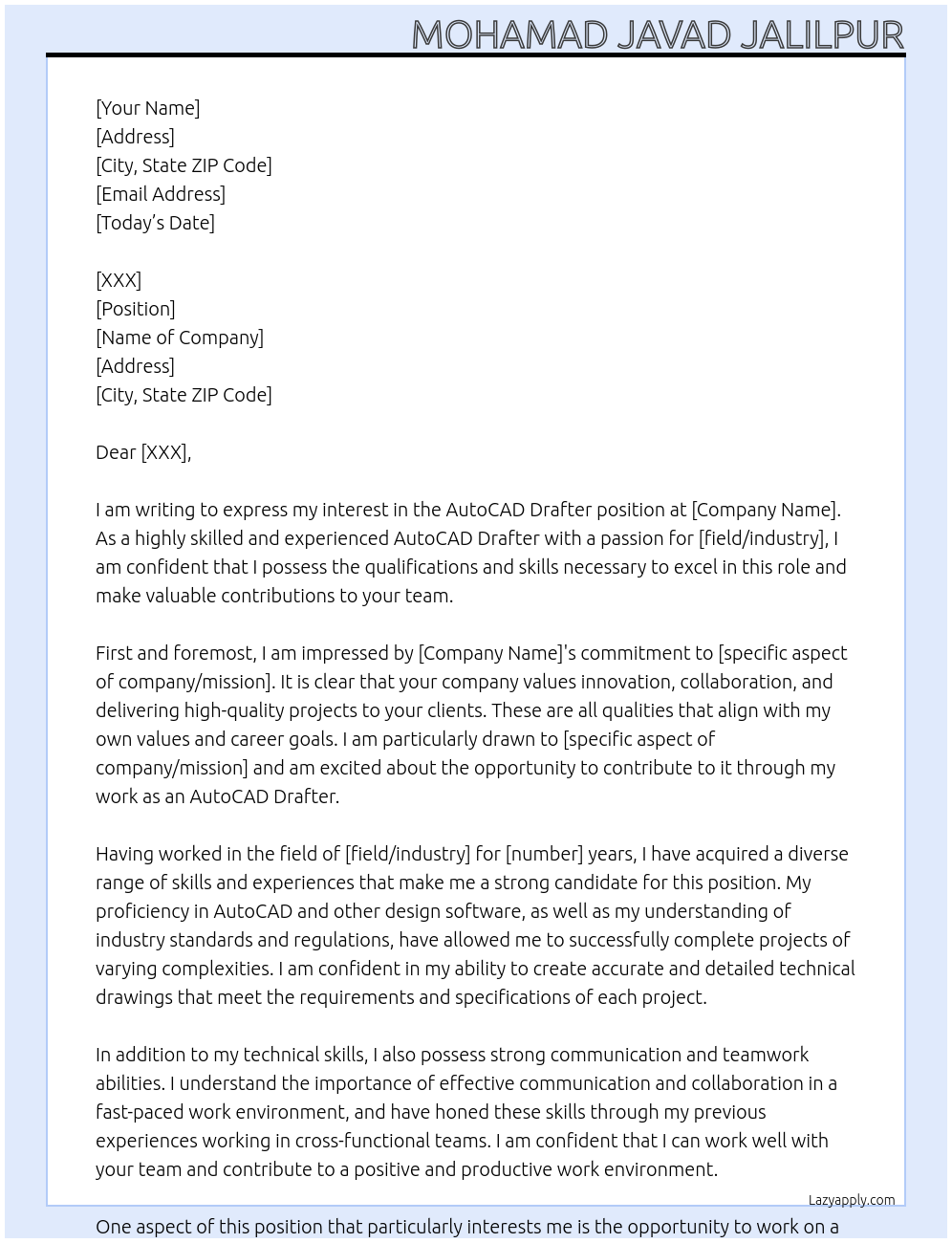 AutoCAD Drafter At Example Cover Letter