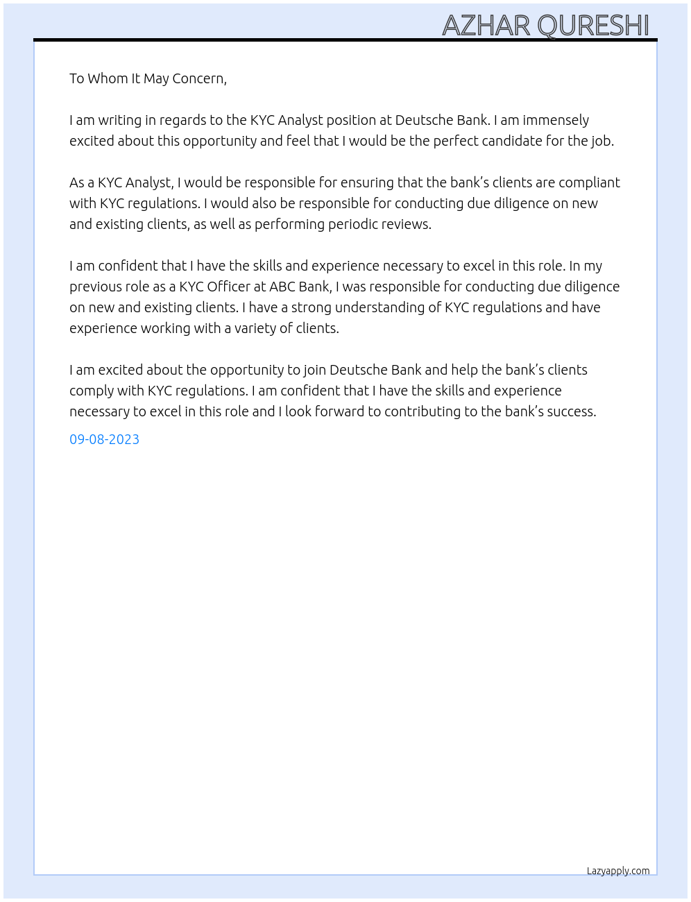 KYC Analyst  At Deutsche Bank  Cover Letter