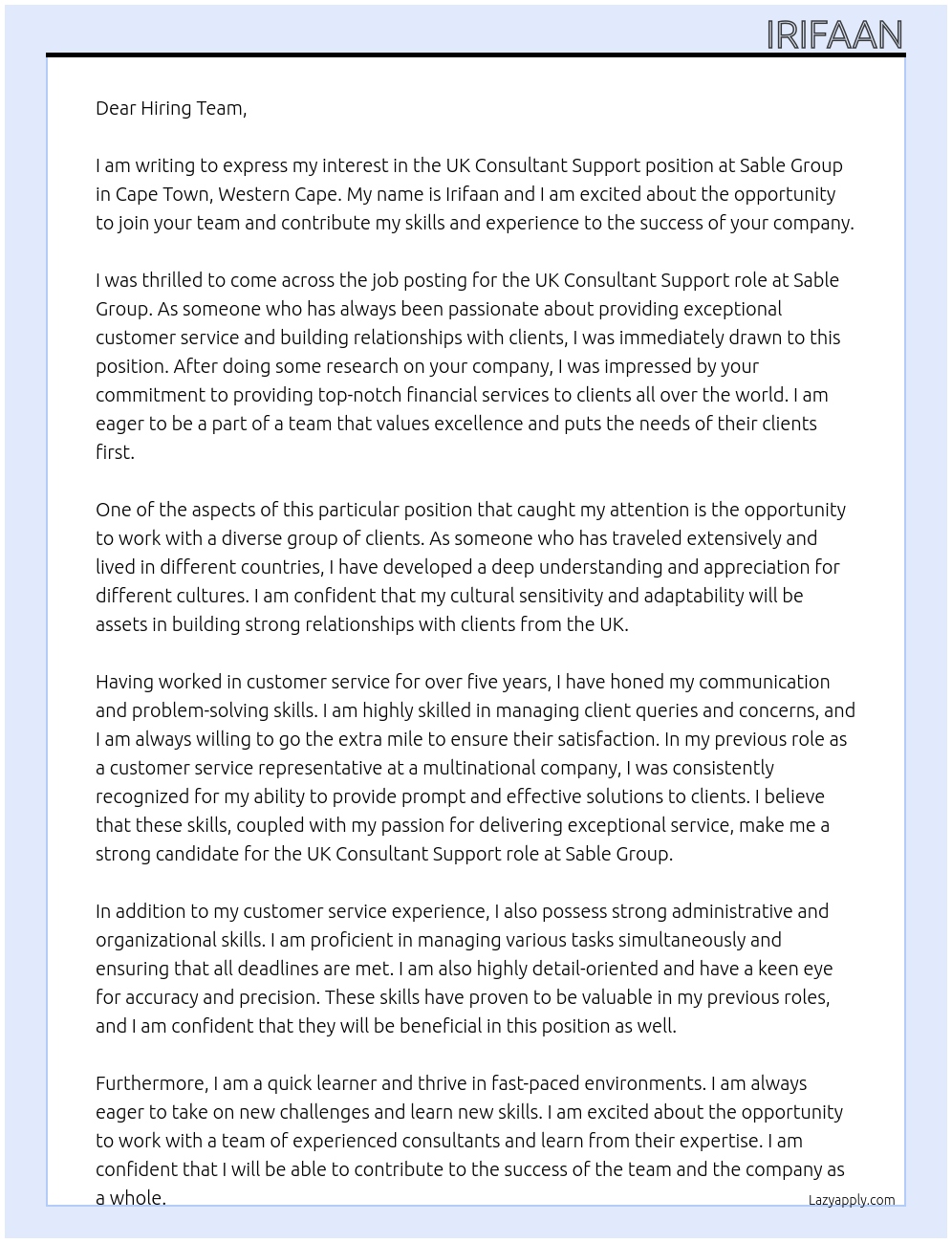 UK Consultant Support At Sable Group, Cape Town, Western Cape Cover Letter