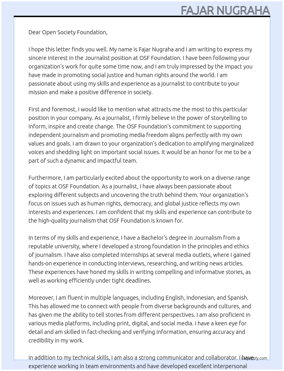 Journalist At OSF Foundation Cover Letter