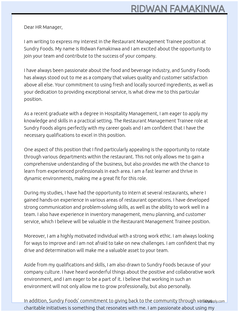 Restaurant Management Trainee At Sundry foods Cover Letter