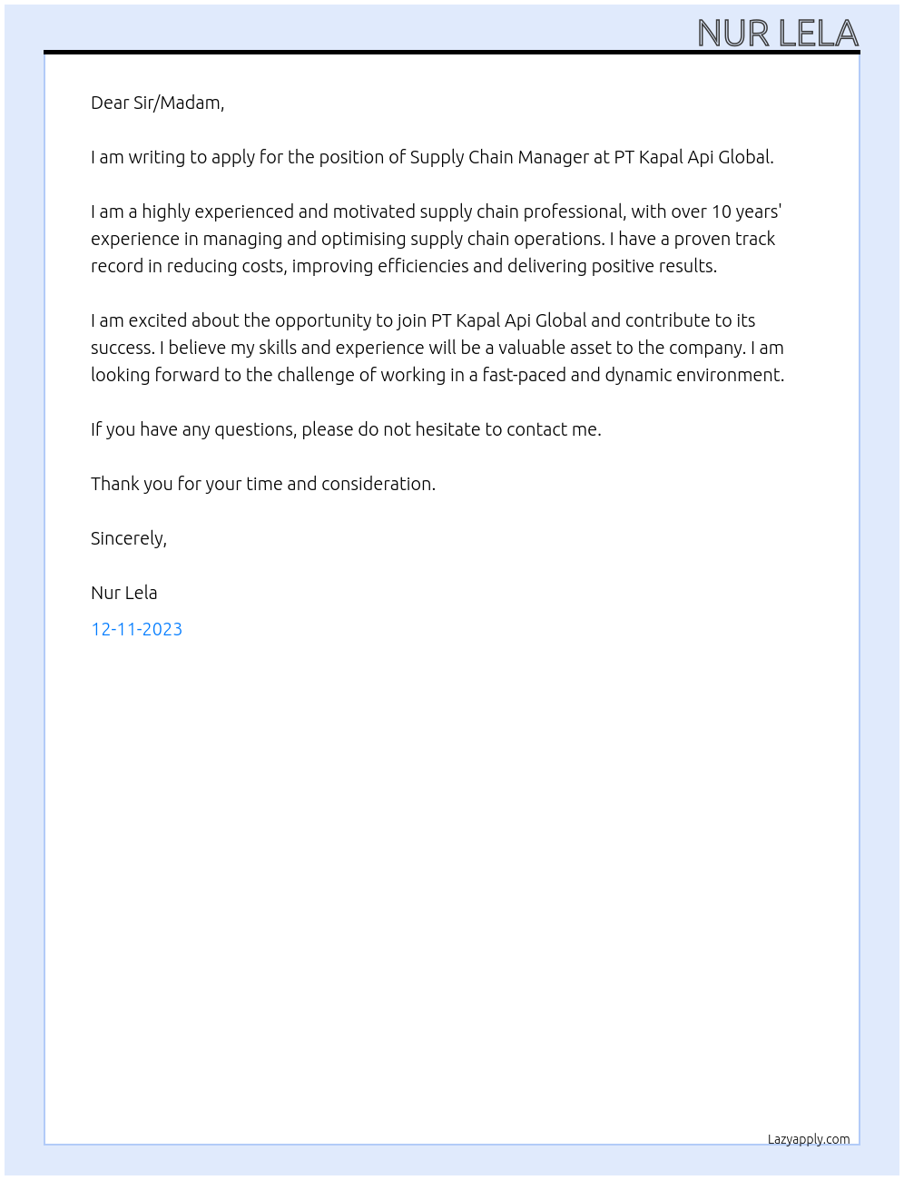 Supply Chain Manager At PT Kapal Api Global Cover Letter