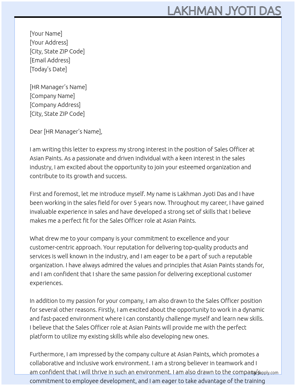 Sales officer At Asian paints Cover Letter