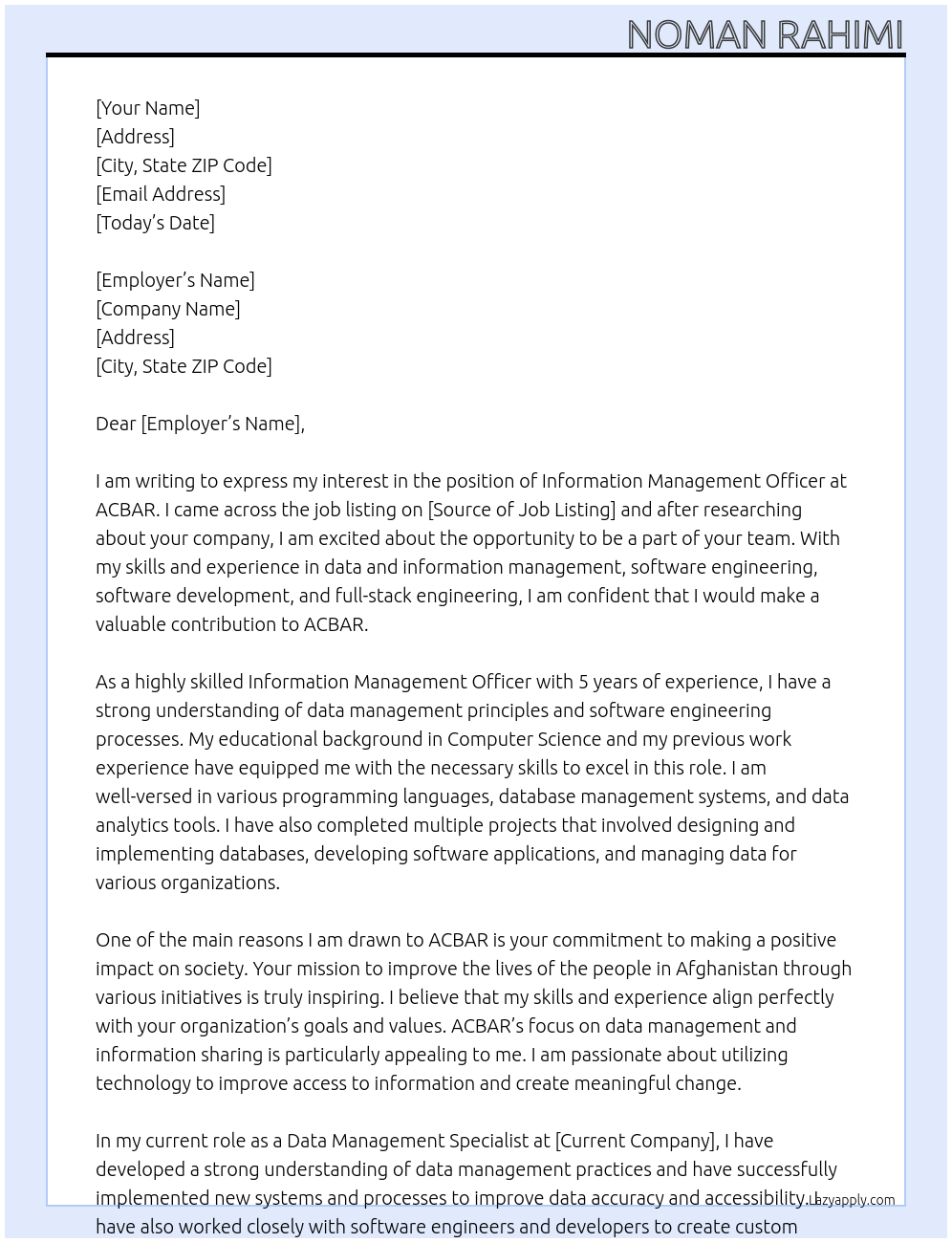 Information Management Officer At ACBAR Cover Letter