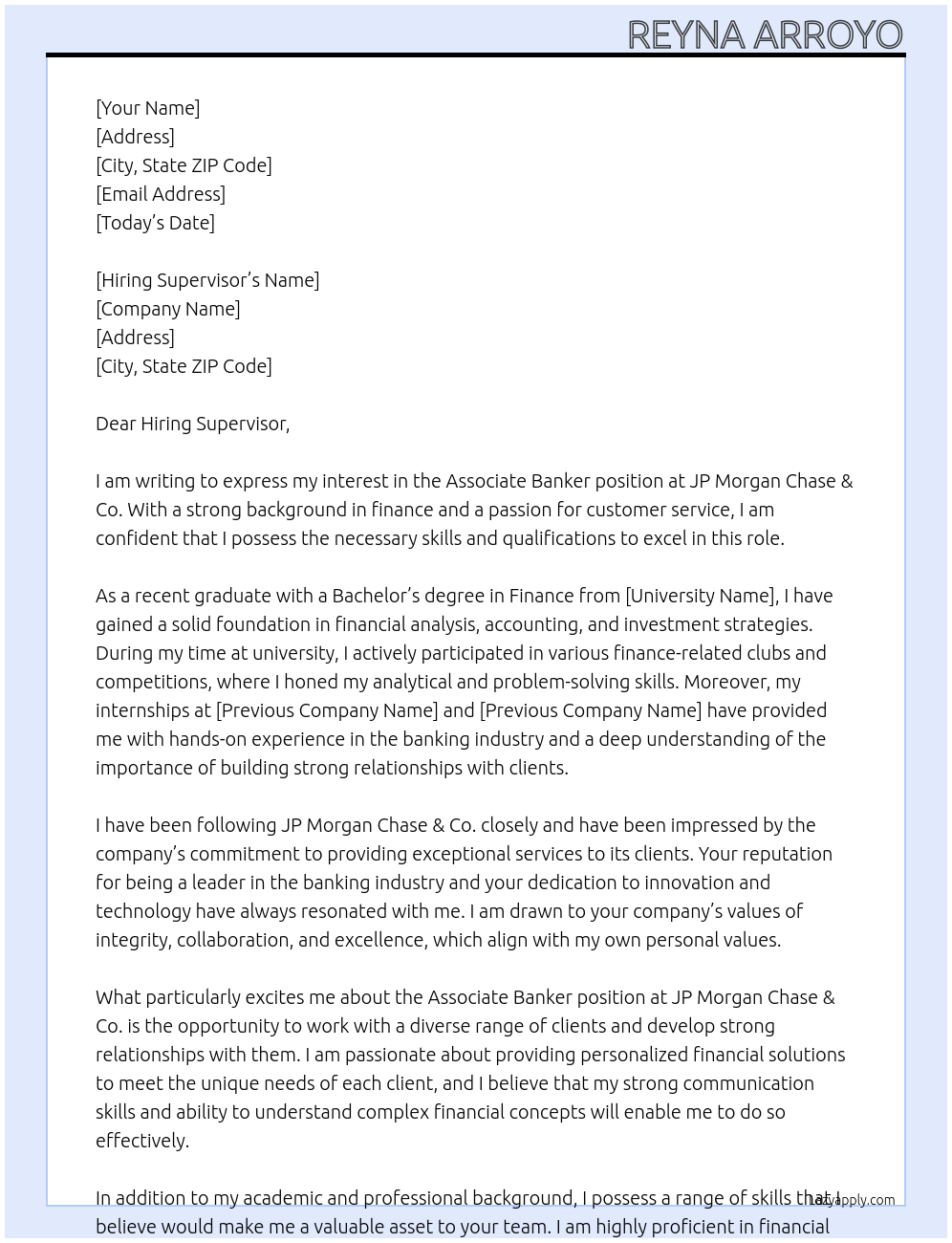 associate banker At JP Morgan Chase & Co. Cover Letter