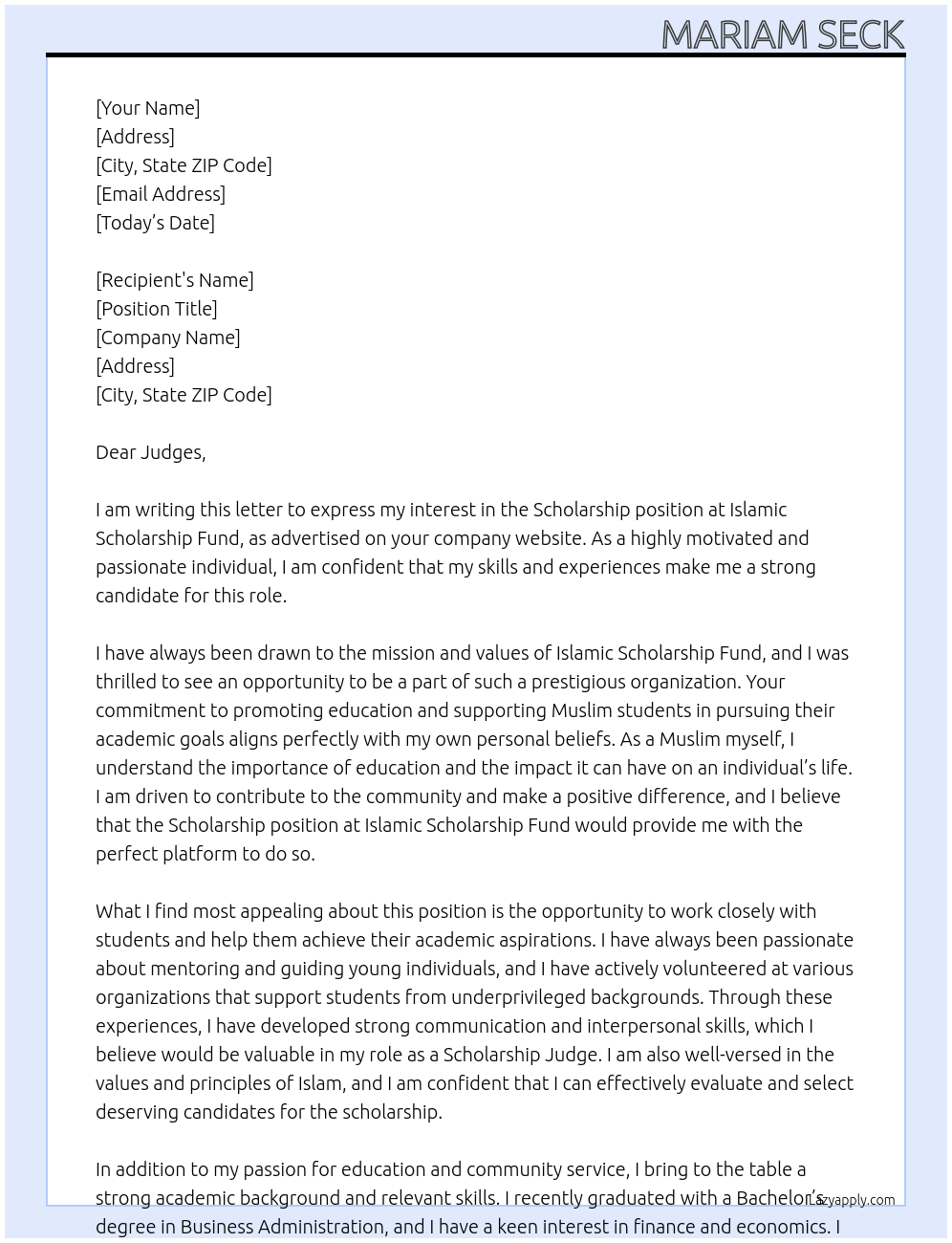 Scholarship At Islamic scholarship fund Cover Letter