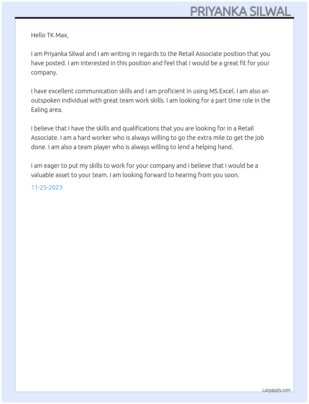 Retail associate  At TK max Cover Letter