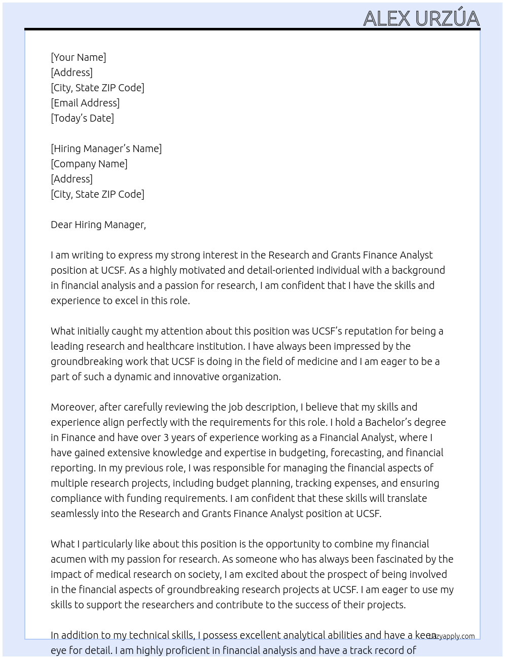 Research and Grants Finance Analyst At UCSF Cover Letter