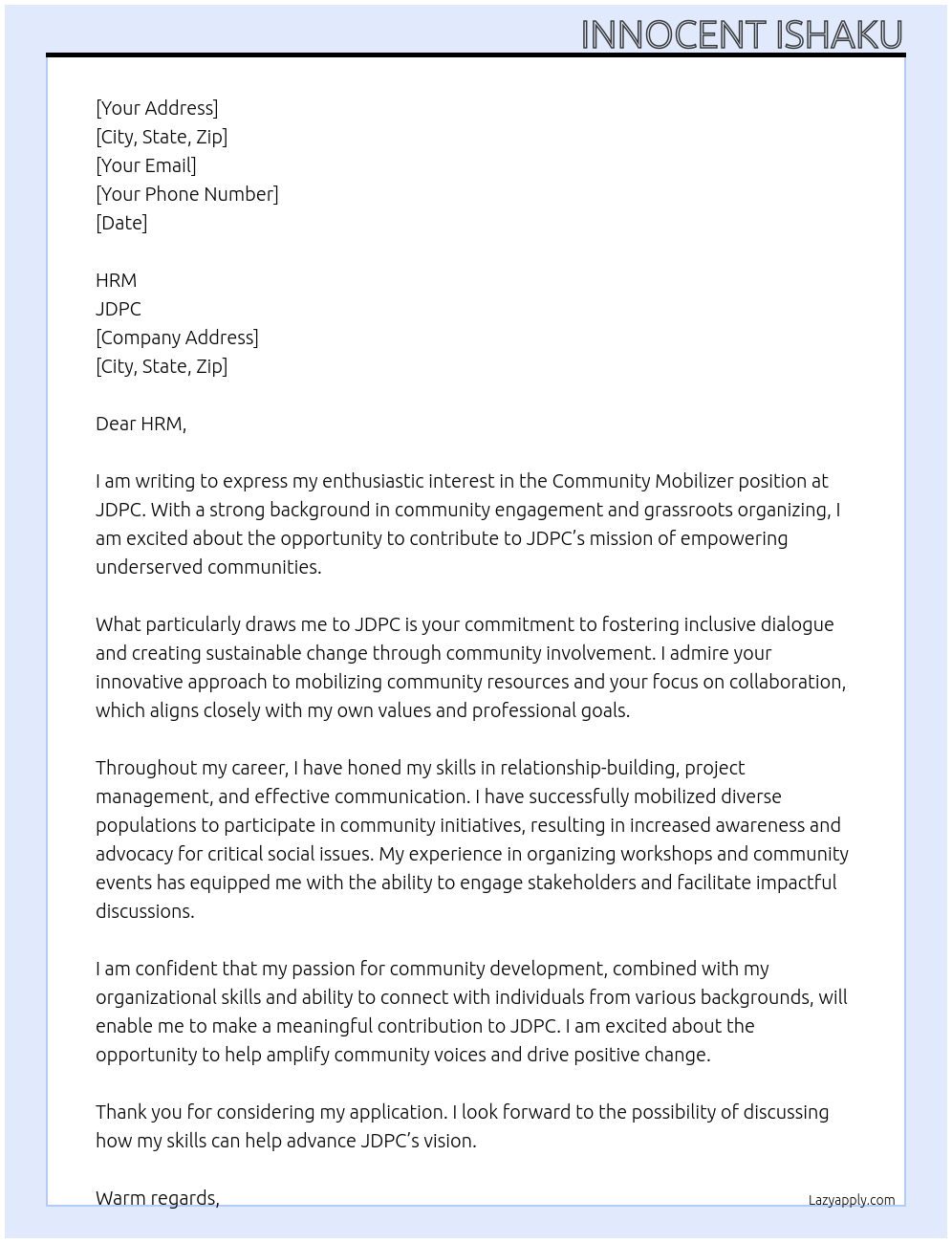 community mobilizer At jdpc Cover Letter