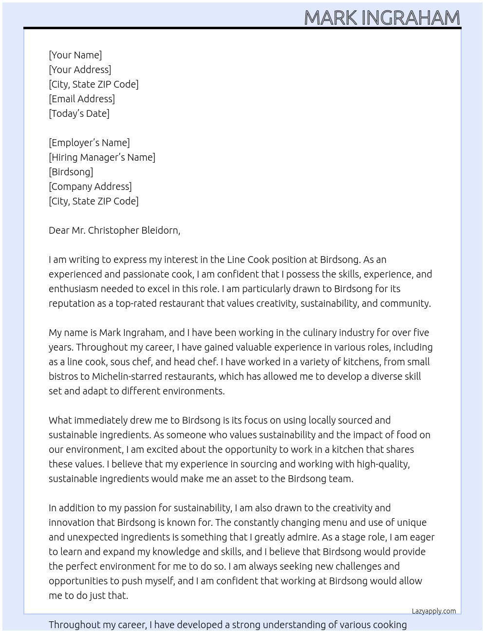 Line cook At Birdsong  Cover Letter