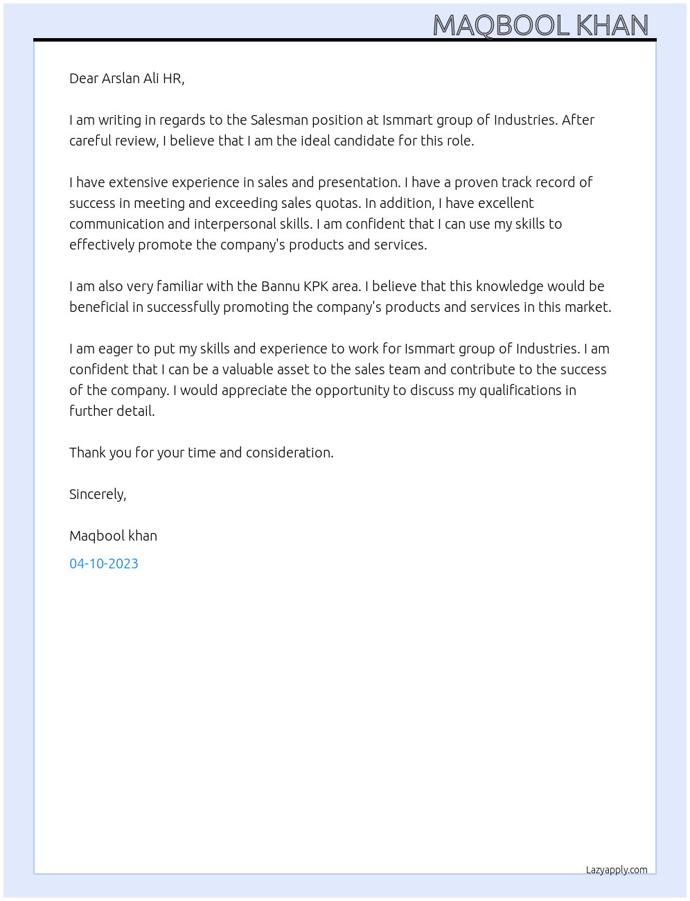 Salesman At Ismmart group of Industries Cover Letter